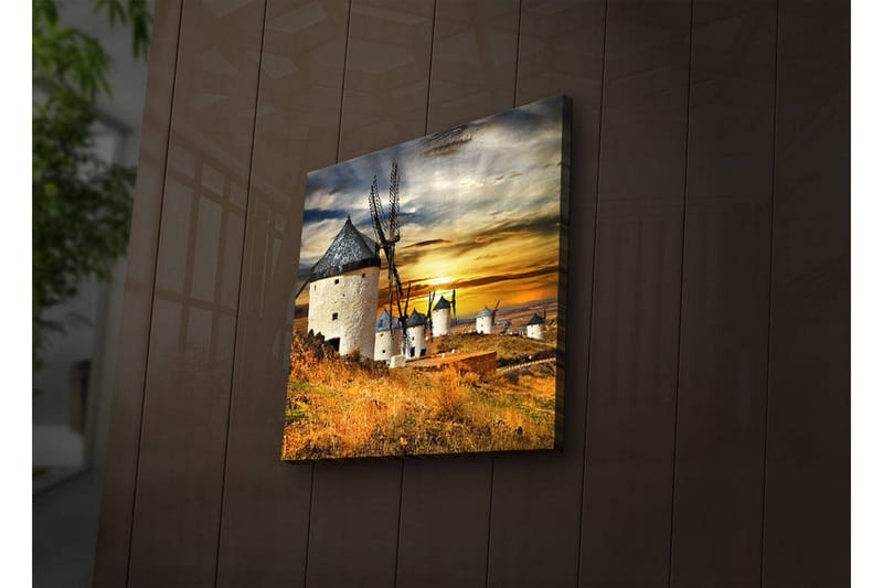 Canvas-taulu LED-valaistuksella 40x40 cm - Tuulimyllyt auringonlaskussa kultaisen maiseman yllä - Kulta / Sininen / Valkoinen - Sisustustuotteet - Taulu & taide - Canvas-taulu