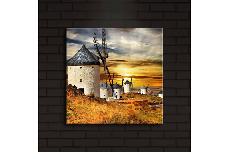 Canvas-taulu LED-valaistuksella 40x40 cm - Tuulimyllyt auringonlaskussa kultaisen maiseman yllä - Kulta / Sininen / Valkoinen - Sisustustuotteet - Taulu & taide - Canvas-taulu