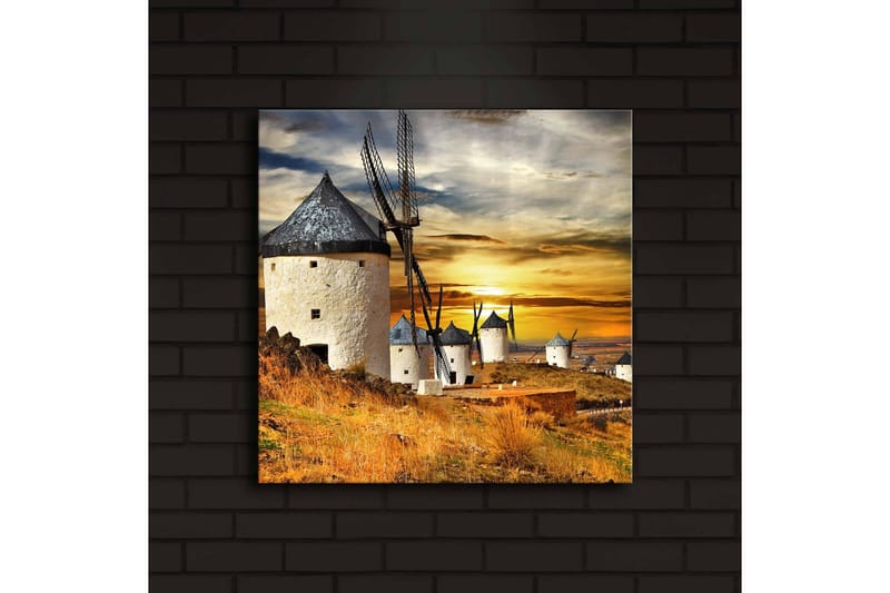 Canvas-taulu LED-valaistuksella 40x40 cm - Tuulimyllyt auringonlaskussa kultaisen maiseman yllä - Kulta / Sininen / Valkoinen - Sisustustuotteet - Taulu & taide - Canvas-taulu