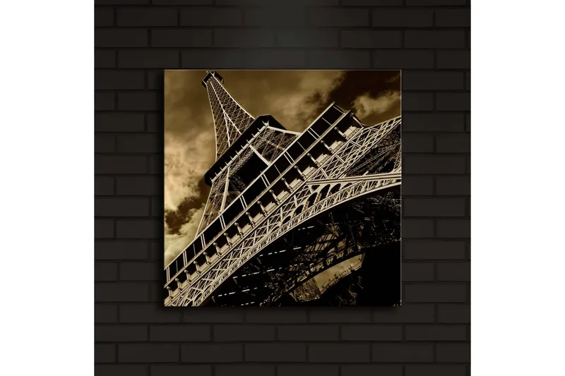 Canvas-taulu LED-valaistuksella 40x40 cm - Tyylitelty kuva Eiffel-tornista seepiasävyissä - Musta / Ruskea / Beige - Sisustustuotteet - Taulu & taide - Canvas-taulu