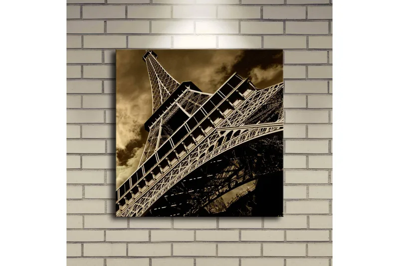 Canvas-taulu LED-valaistuksella 40x40 cm - Tyylitelty kuva Eiffel-tornista seepiasävyissä - Musta / Ruskea / Beige - Sisustustuotteet - Taulu & taide - Canvas-taulu