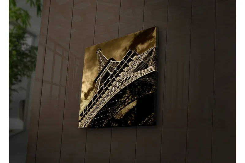 Canvas-taulu LED-valaistuksella 40x40 cm - Tyylitelty kuva Eiffel-tornista seepiasävyissä, Musta / Ruskea / Beige