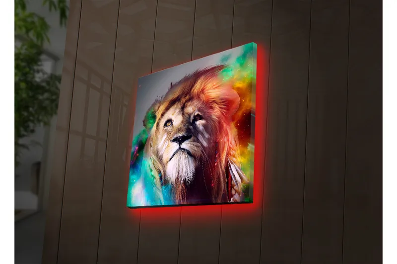 Canvas-taulu LED-valaistuksella 40x40 cm - Upea leijonanpää värikkäillä yksityiskohdilla, Kulta / Vihreä / Punainen