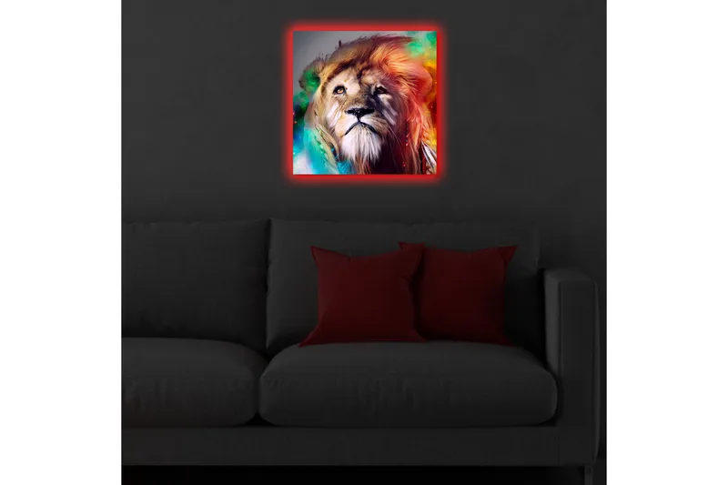 Canvas-taulu LED-valaistuksella 40x40 cm - Upea leijonanpää värikkäillä yksityiskohdilla - Kulta / Vihreä / Punainen - Sisustustuotteet - Taulu & taide - Canvas-taulu