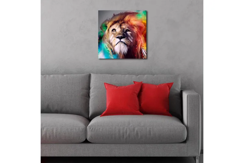 Canvas-taulu LED-valaistuksella 40x40 cm - Upea leijonanpää värikkäillä yksityiskohdilla - Kulta / Vihreä / Punainen - Sisustustuotteet - Taulu & taide - Canvas-taulu