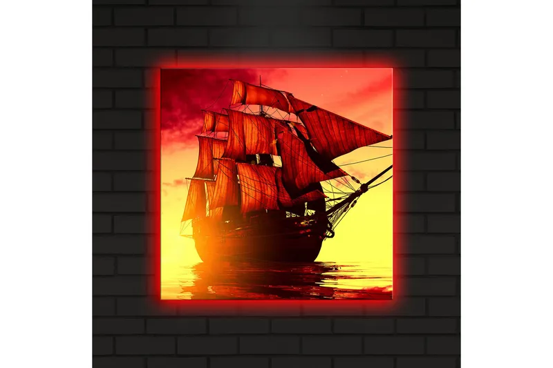 Canvas-taulu LED-valaistuksella 40x40 cm - Upea purjevene dramaattisessa auringonlaskussa - Punainen / Oranssi / Keltainen - Sisustustuotteet - Taulu & taide - Canvas-taulu