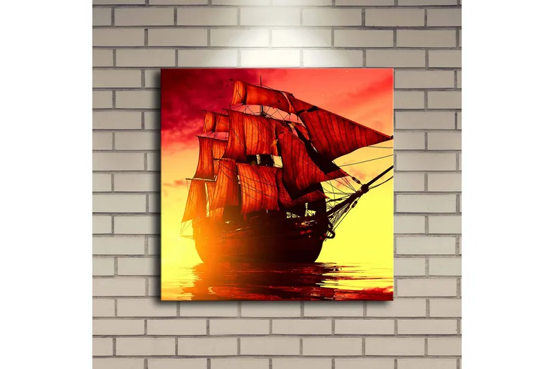 Canvas-taulu LED-valaistuksella 40x40 cm - Upea purjevene dramaattisessa auringonlaskussa - Punainen / Oranssi / Keltainen - Sisustustuotteet - Taulu & taide - Canvas-taulu
