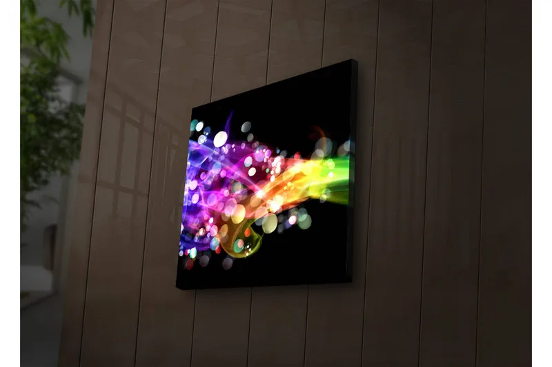 Canvas-taulu LED-valaistuksella 40x40 cm - Värikäs abstrakti sommitelma kirkkailla virtaavilla viivoilla, Violetti / Vihreä / Keltainen