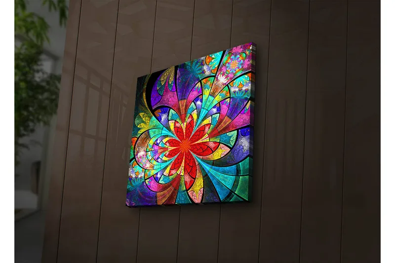Canvas-taulu LED-valaistuksella 40x40 cm - Värikäs abstrakti sommitelma kukkakuvioilla, Punainen / Violetti / Vihreä