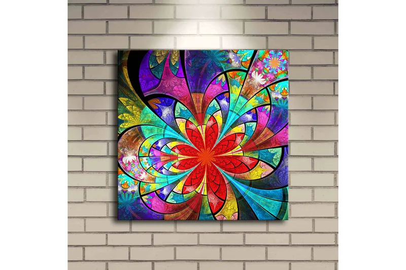 Canvas-taulu LED-valaistuksella 40x40 cm - Värikäs abstrakti sommitelma kukkakuvioilla - Punainen / Violetti / Vihreä - Sisustustuotteet - Taulu & taide - Canvas-taulu