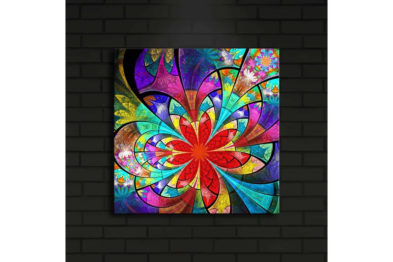 Canvas-taulu LED-valaistuksella 40x40 cm - Värikäs abstrakti sommitelma kukkakuvioilla - Punainen / Violetti / Vihreä - Sisustustuotteet - Taulu & taide - Canvas-taulu
