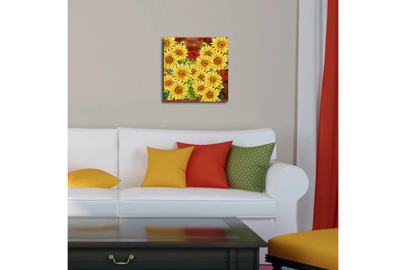 Canvas-taulu LED-valaistuksella 40x40 cm - Värikäs auringonkukkien ja punaisten kukkien kimppu - Keltainen / Punainen / Vihreä - Sisustustuotteet - Taulu & taide - Canvas-taulu