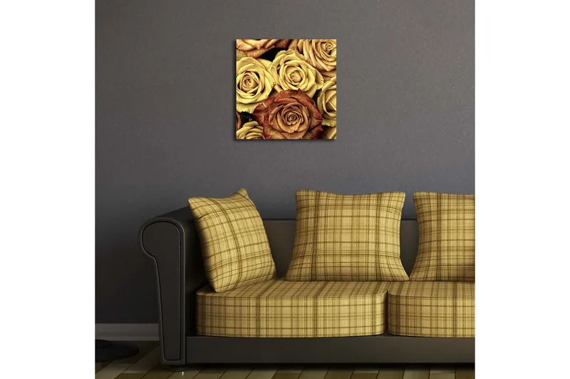 Canvas-taulu LED-valaistuksella 40x40 cm - Värikäs kokoelma ruusuja eri sävyissä - Kulta / Ruskea / Punainen - Sisustustuotteet - Taulu & taide - Canvas-taulu