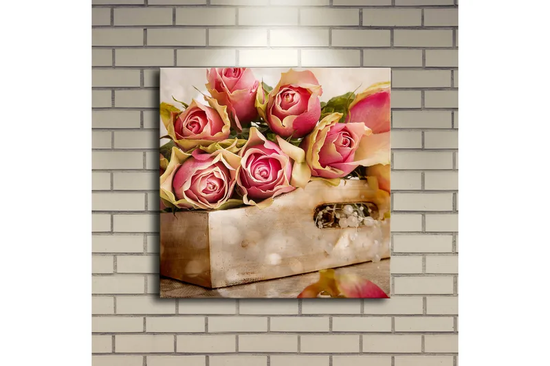 Canvas-taulu LED-valaistuksella 40x40 cm - Värikäs ruusukimppu korissa - Vaaleanpunainen / Vihreä / Beige - Sisustustuotteet - Taulu & taide - Canvas-taulu