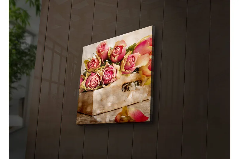 Canvas-taulu LED-valaistuksella 40x40 cm - Värikäs ruusukimppu korissa, Vaaleanpunainen / Vihreä / Beige