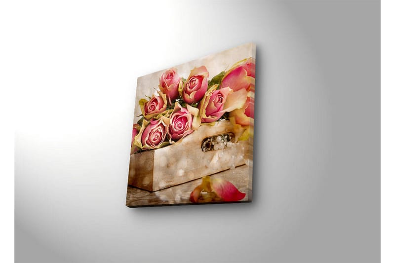 Canvas-taulu LED-valaistuksella 40x40 cm - Värikäs ruusukimppu korissa - Vaaleanpunainen / Vihreä / Beige - Sisustustuotteet - Taulu & taide - Canvas-taulu