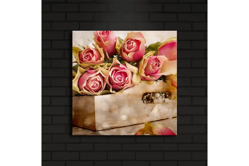 Canvas-taulu LED-valaistuksella 40x40 cm - Värikäs ruusukimppu korissa - Vaaleanpunainen / Vihreä / Beige - Sisustustuotteet - Taulu & taide - Canvas-taulu