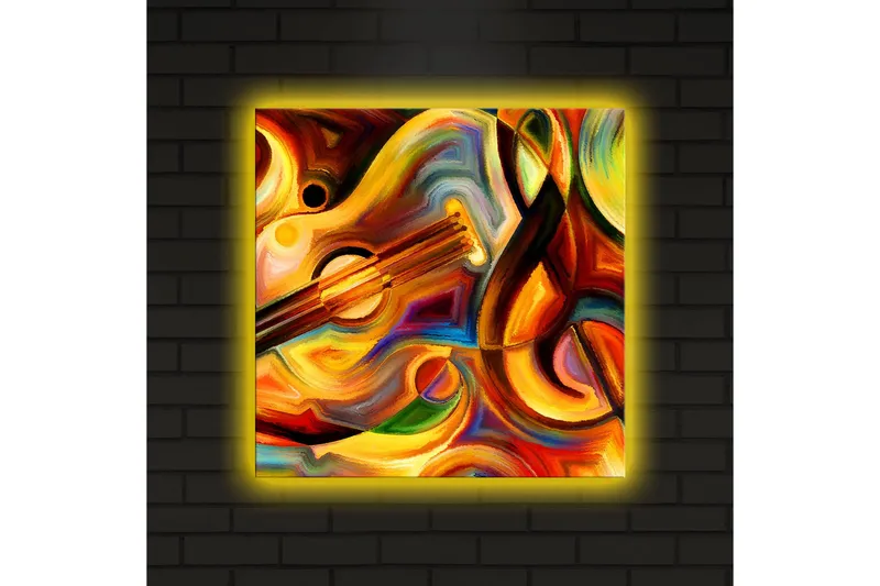 Canvas-taulu LED-valaistuksella 40x40 cm - Värikäs sommitelma soittimilla ja abstrakteilla muodoilla - Punainen / Keltainen / Oranssi - Sisustustuotteet - Taulu & taide - Canvas-taulu