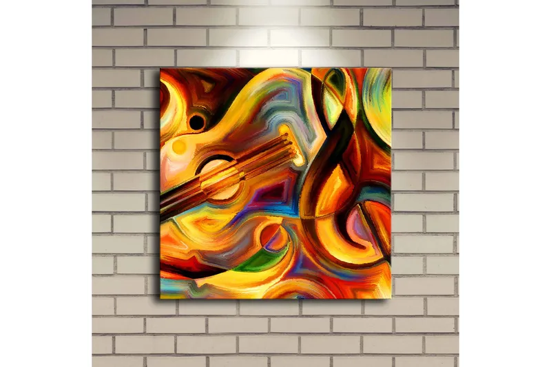 Canvas-taulu LED-valaistuksella 40x40 cm - Värikäs sommitelma soittimilla ja abstrakteilla muodoilla - Punainen / Keltainen / Oranssi - Sisustustuotteet - Taulu & taide - Canvas-taulu