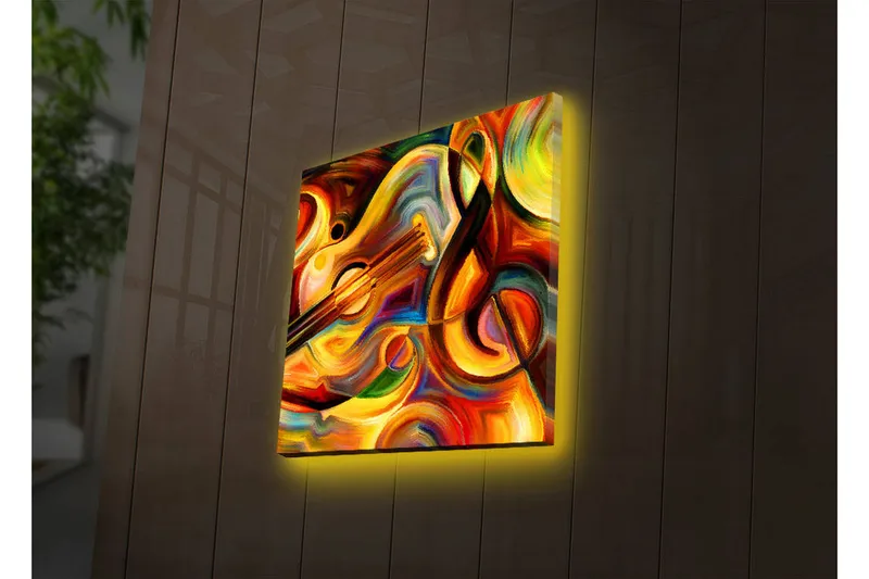 Canvas-taulu LED-valaistuksella 40x40 cm - Värikäs sommitelma soittimilla ja abstrakteilla muodoilla, Punainen / Keltainen / Oranssi