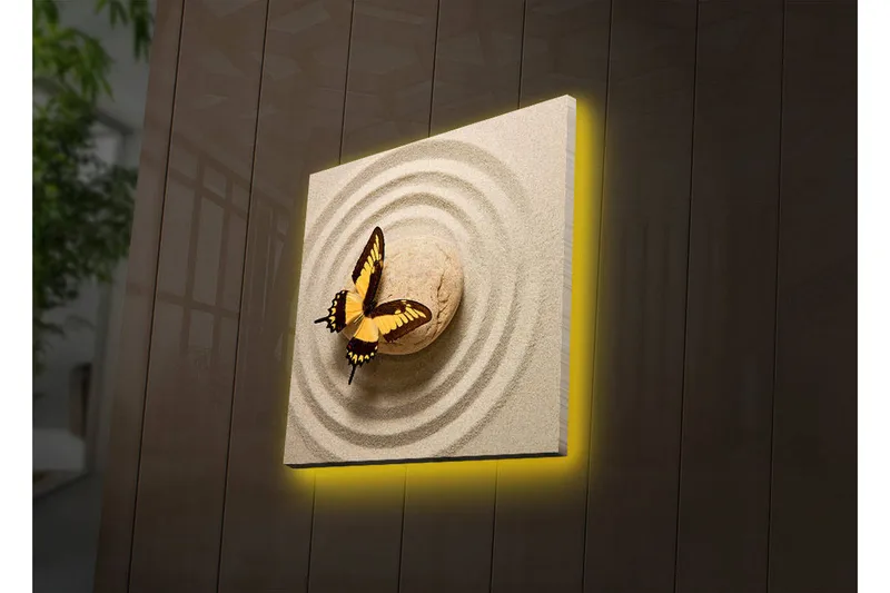 Canvas-taulu LED-valaistuksella 40x40 cm - Värikäs perhonen hiekkaisella pinnalla pyöreillä kuvioilla - Keltainen / Ruskea / Beige - Sisustustuotteet - Taulu & taide - Canvas-taulu