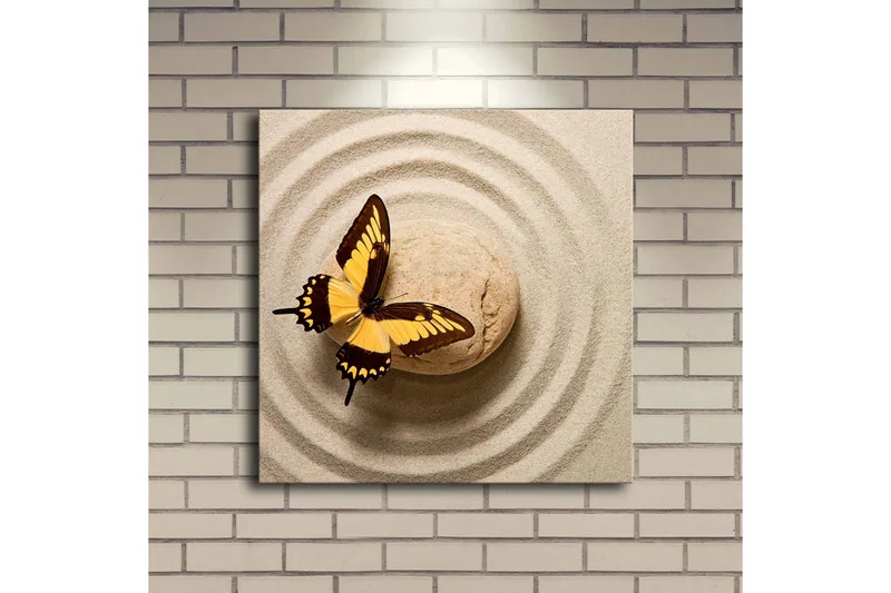 Canvas-taulu LED-valaistuksella 40x40 cm - Värikäs perhonen hiekkaisella pinnalla pyöreillä kuvioilla - Keltainen / Ruskea / Beige - Sisustustuotteet - Taulu & taide - Canvas-taulu