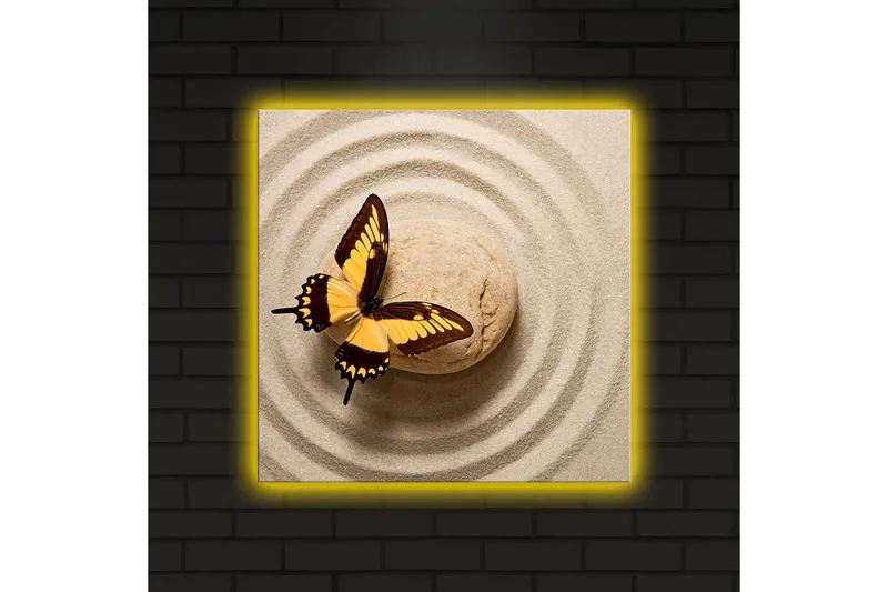 Canvas-taulu LED-valaistuksella 40x40 cm - Värikäs perhonen hiekkaisella pinnalla pyöreillä kuvioilla - Keltainen / Ruskea / Beige - Sisustustuotteet - Taulu & taide - Canvas-taulu