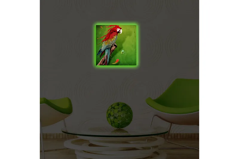 Canvas-taulu LED-valaistuksella 40x40 cm - Värikäs papukaija vihreällä taustalla - Vihreä / Punainen / Sininen - Sisustustuotteet - Taulu & taide - Canvas-taulu