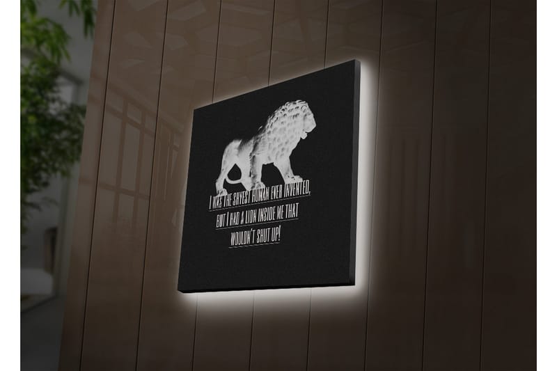 Canvas-taulu LED-valaistuksella 40x40 cm - Valkoinen leijonahahmo mustalla taustalla ja inspiroiva teksti, Valkoinen / Musta