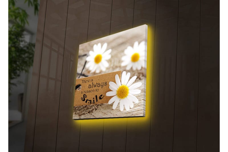 Canvas-taulu LED-valaistuksella 40x40 cm - Valkoisia leikkauksia puupinnalla viestillä There is always a season to smile, Valkoinen / Keltainen / Ruskea