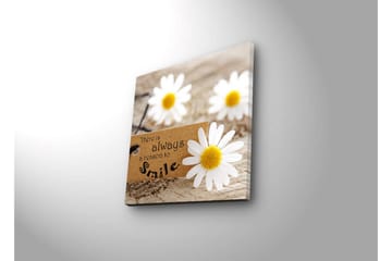 Canvas-taulu LED-valaistuksella 40x40 cm - Valkoisia leikkauksia puupinnalla viestillä There is always a season to smile - Valkoinen / Keltainen / Ruskea - Sisustustuotteet - Taulu & taide - Canvas-taulu