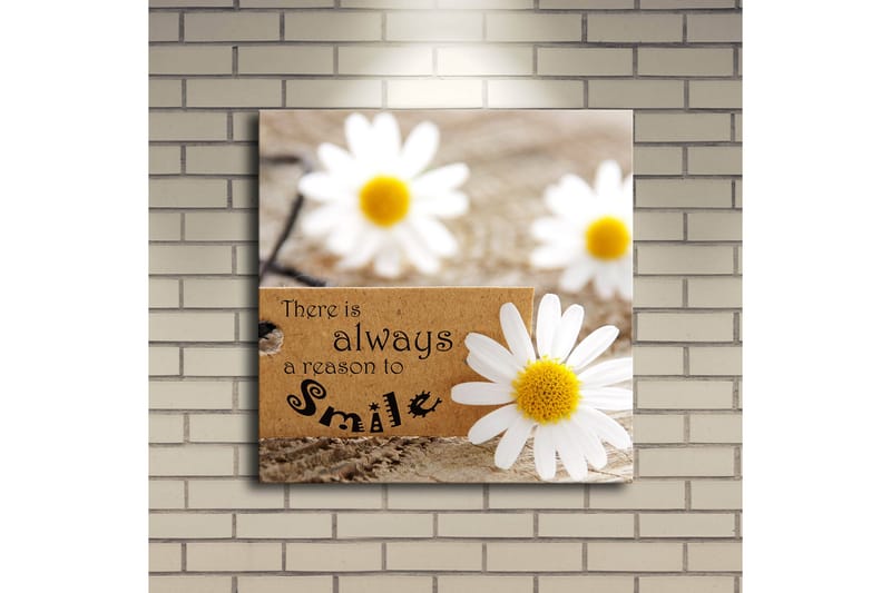 Canvas-taulu LED-valaistuksella 40x40 cm - Valkoisia leikkauksia puupinnalla viestillä There is always a season to smile - Valkoinen / Keltainen / Ruskea - Sisustustuotteet - Taulu & taide - Canvas-taulu