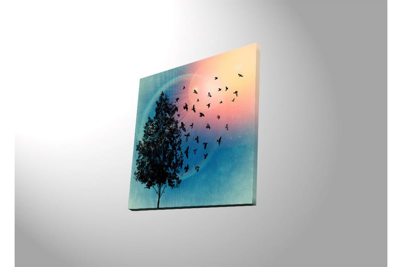 Canvas-taulu LED-valaistuksella 40x40 cm - Puun siluetti ja liitelevät linnut värikästä taustaa vasten - Sininen / Vaaleanpunainen / Vihreä - Sisustustuotteet - Taulu & taide - Canvas-taulu