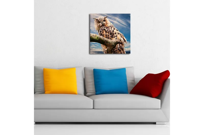 Canvas-taulu LED-valaistuksella 40x40 cm - Pöllö oksalla dramaattisen taivaan taustalla - Ruskea / Sininen / Valkoinen - Sisustustuotteet - Taulu & taide - Canvas-taulu