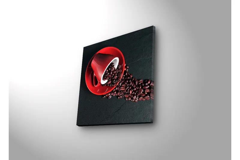 Canvas-taulu LED-valaistuksella 40x40 cm - Punainen kahvikuppi, jossa kahvipavut leviävät tummalle pinnalle - Punainen / Musta / Ruskea - Sisustustuotteet - Taulu & taide - Canvas-taulu