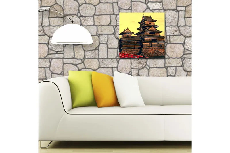 Canvas-taulu LED-valaistuksella 40x40 cm - Perinteinen japanilainen linna useilla kattokerroksilla - Kulta / Musta / Punainen - Sisustustuotteet - Taulu & taide - Canvas-taulu