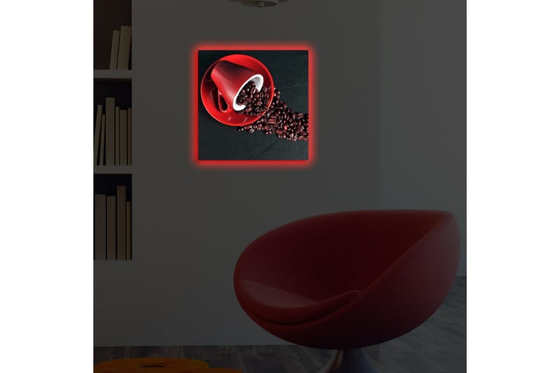 Canvas-taulu LED-valaistuksella 40x40 cm - Punainen kahvikuppi, jossa kahvipavut leviävät tummalle pinnalle - Punainen / Musta / Ruskea - Sisustustuotteet - Taulu & taide - Canvas-taulu