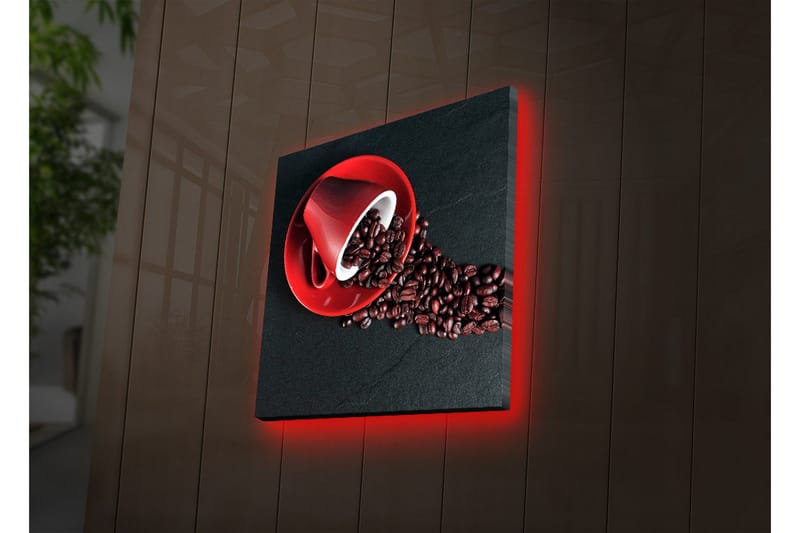 Canvas-taulu LED-valaistuksella 40x40 cm - Punainen kahvikuppi, jossa kahvipavut leviävät tummalle pinnalle - Punainen / Musta / Ruskea - Sisustustuotteet - Taulu & taide - Canvas-taulu