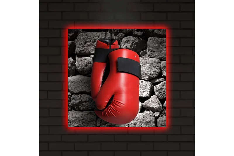 Canvas-taulu LED-valaistuksella 40x40 cm - Punaiset nyrkkeilyhanskat roikkuvat harmaata kiviseinää vasten - Punainen / Harmaa - Sisustustuotteet - Taulu & taide - Canvas-taulu