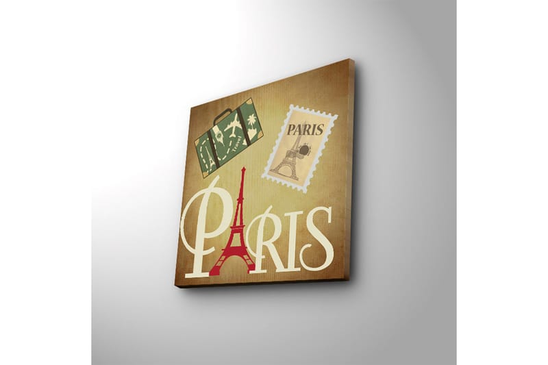 Canvas-taulu LED-valaistuksella 40x40 cm - Pariisista inspiroitunut taideteos Eiffel-tornilla ja matkailusymboleilla - Punainen / Vihreä / Beige - Sisustustuotteet - Taulu & taide - Canvas-taulu