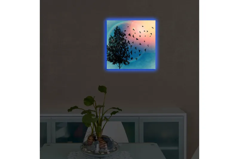 Canvas-taulu LED-valaistuksella 40x40 cm - Puun siluetti ja liitelevät linnut värikästä taustaa vasten - Sininen / Vaaleanpunainen / Vihreä - Sisustustuotteet - Taulu & taide - Canvas-taulu