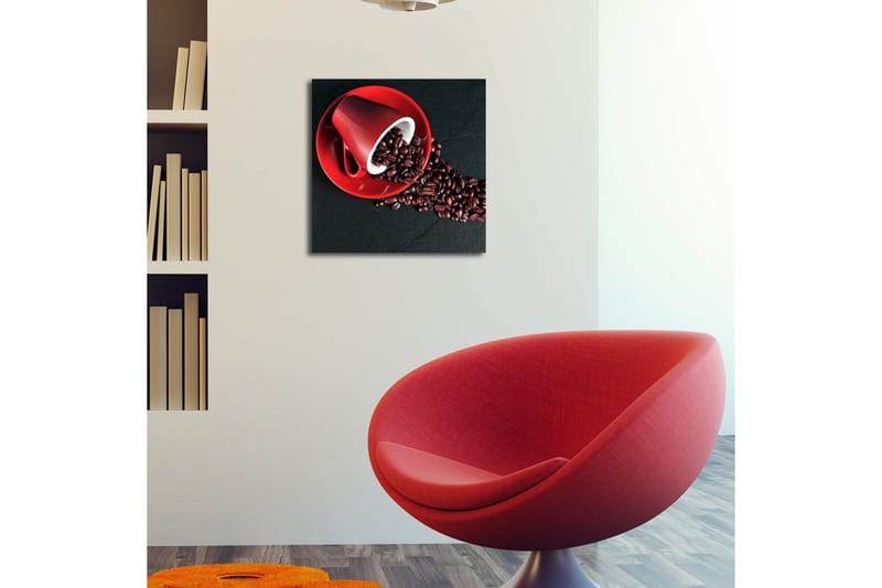 Canvas-taulu LED-valaistuksella 40x40 cm - Punainen kahvikuppi, jossa kahvipavut leviävät tummalle pinnalle - Punainen / Musta / Ruskea - Sisustustuotteet - Taulu & taide - Canvas-taulu