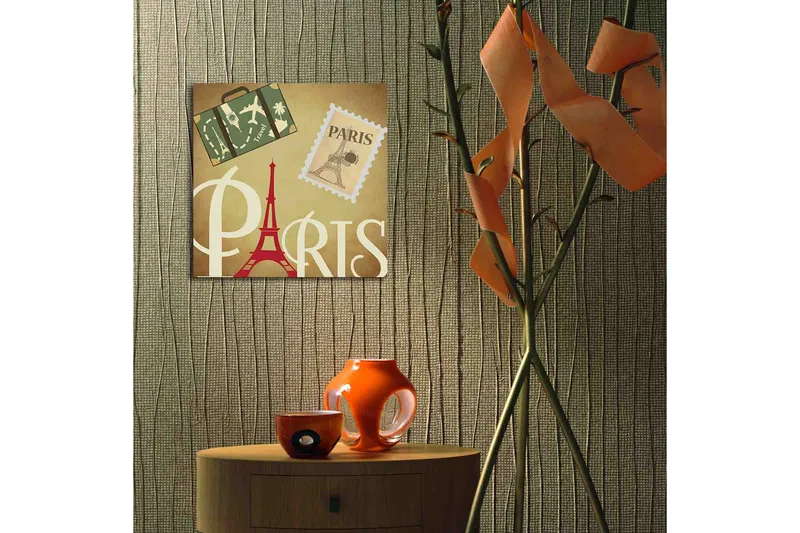 Canvas-taulu LED-valaistuksella 40x40 cm - Pariisista inspiroitunut taideteos Eiffel-tornilla ja matkailusymboleilla - Punainen / Vihreä / Beige - Sisustustuotteet - Taulu & taide - Canvas-taulu