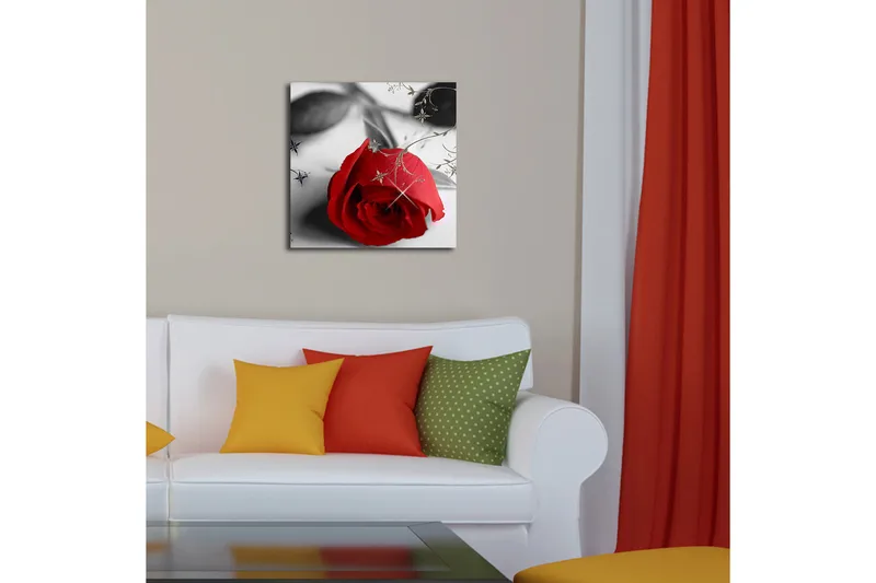 Canvas-taulu LED-valaistuksella 40x40 cm - Punainen ruusu mustilla ja harmailla elementeillä - Punainen / Musta / Harmaa - Sisustustuotteet - Taulu & taide - Canvas-taulu