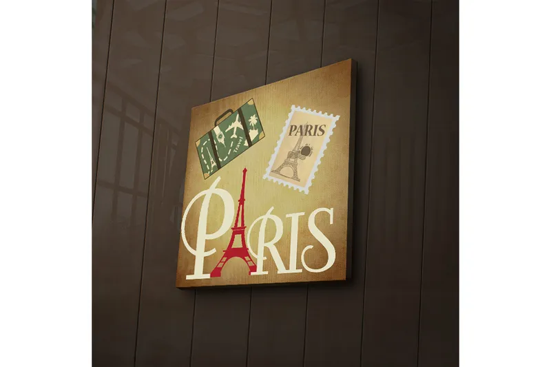 Canvas-taulu LED-valaistuksella 40x40 cm - Pariisista inspiroitunut taideteos Eiffel-tornilla ja matkailusymboleilla, Punainen / Vihreä / Beige