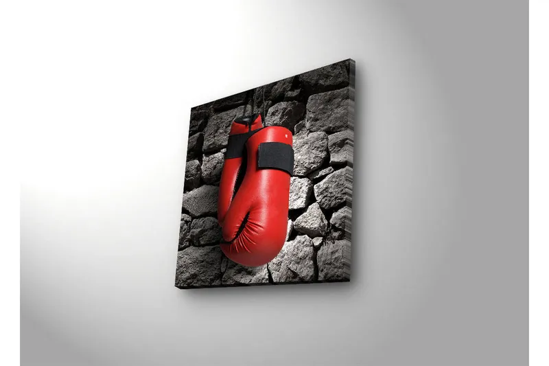 Canvas-taulu LED-valaistuksella 40x40 cm - Punaiset nyrkkeilyhanskat roikkuvat harmaata kiviseinää vasten - Punainen / Harmaa - Sisustustuotteet - Taulu & taide - Canvas-taulu