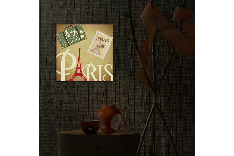 Canvas-taulu LED-valaistuksella 40x40 cm - Pariisista inspiroitunut taideteos Eiffel-tornilla ja matkailusymboleilla - Punainen / Vihreä / Beige - Sisustustuotteet - Taulu & taide - Canvas-taulu
