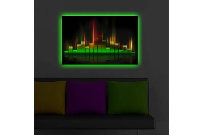 Canvas-taulu LED-valaistuksella 45x70 cm - Abstrakti ääniaaltojen visualisointi värikkäillä valonsäteillä - Vihreä / Punainen / Keltainen - Sisustustuotteet - Taulu & taide - Canvas-taulu