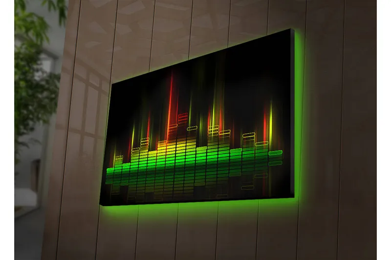 Canvas-taulu LED-valaistuksella 45x70 cm - Abstrakti ääniaaltojen visualisointi värikkäillä valonsäteillä, Vihreä / Punainen / Keltainen