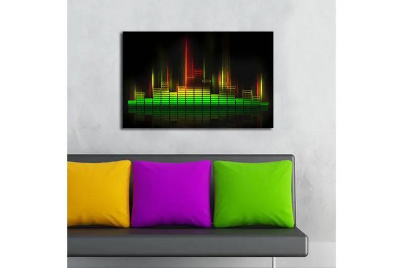 Canvas-taulu LED-valaistuksella 45x70 cm - Abstrakti ääniaaltojen visualisointi värikkäillä valonsäteillä - Vihreä / Punainen / Keltainen - Sisustustuotteet - Taulu & taide - Canvas-taulu
